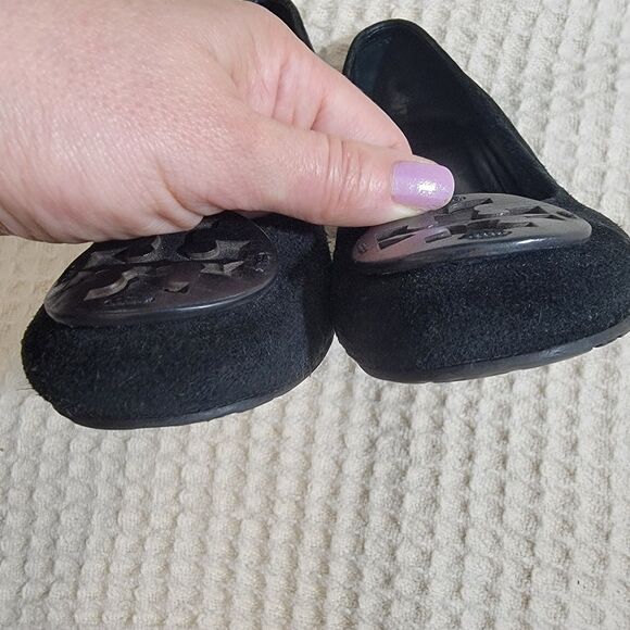 TORY BURCH Sally Black Suede US 6.5M Slip-On Wedge-Heel Logo‎ Pumps Shoes - Picture 5 of 14